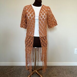 Rebellion Again Crochet Duster Womens M Brown Boho Fringe Kimono Cardigan